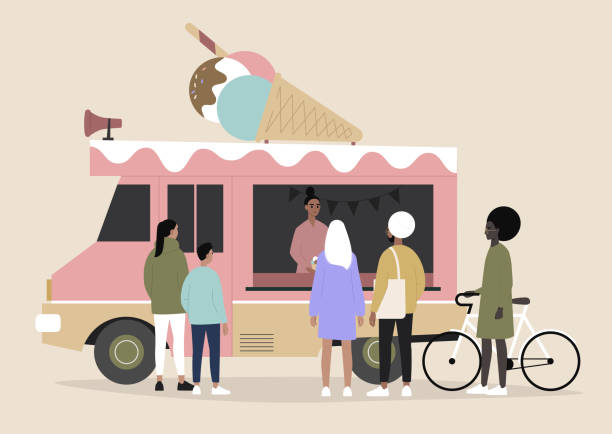 lody food truck, ludzie zamawiania i czekania, letni miejski styl życia - ice cream truck stock illustrations
