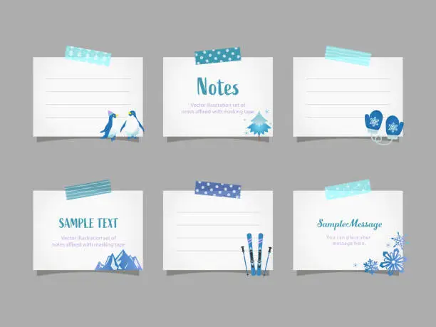 Vector illustration of Vector illustration set of  note papers with winter objects affixed with masking tape for doodle, scribble, note, memo. Design for  print project for banner, icons,  web design, poster, and scrapbook.