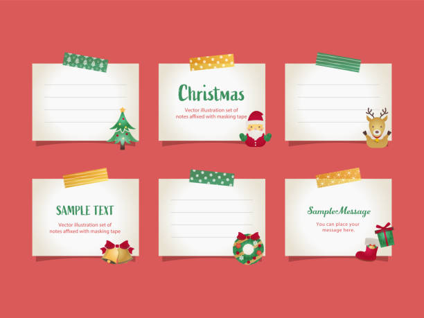 Vector illustration set of  note papers with christmas objects affixed with masking tape for doodle, scribble, note, memo. Design for  print project for banner, icons,  web design, poster, and scrapbook. Vector illustration set of 
note papers with christmas objects affixed with masking tape for doodle, scribble, note, memo. Design for  print project for banner, icons, 
web design, poster, and scrapbook. correspondence stock illustrations