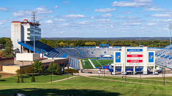 Lawrence, Kansas, USA - October 1, 2020: David Booth Kansas Memorial Stadium located on the campus of the University of Kansas