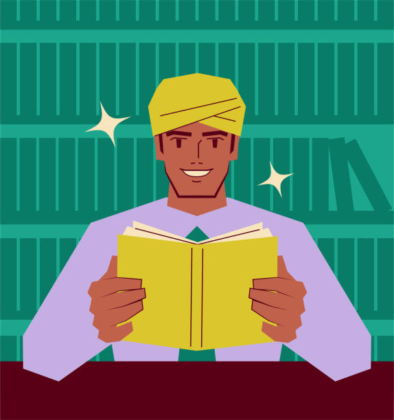잘생긴 젊은 인도 민족 사업가도서관에서 책을 읽고 있다. 학습을 멈추지 마십시오. 자신에 투자; 지식은 힘입니다. - reading book men paperback stock illustrations