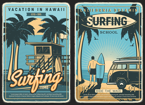 Surfing retro poster, surf beach summer and surfer with surfboard, vector. Tropical California and Hawaii ocean waves, sea, sun and palms, surfing school and summer vacations, car van at island sunset