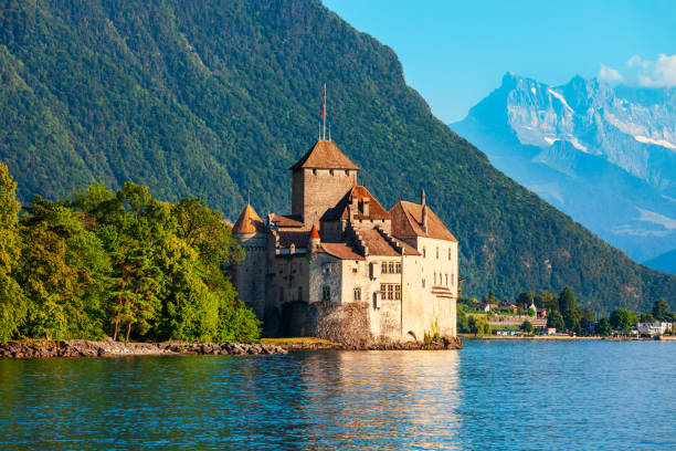 Chateau Chillon Castle in Switzerland Chillon Castle or Chateau de Chillon is an island castle located on Lake Geneva near Montreux town in Switzerland montreux photos stock pictures, royalty-free photos & images