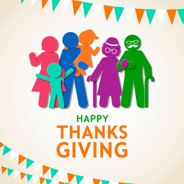 Family Celebrating Thanksgiving Celebrating Thanksgiving Day annually with paper craft of a family reunion on the bunting background thanksgiving holiday silhouettes stock illustrations