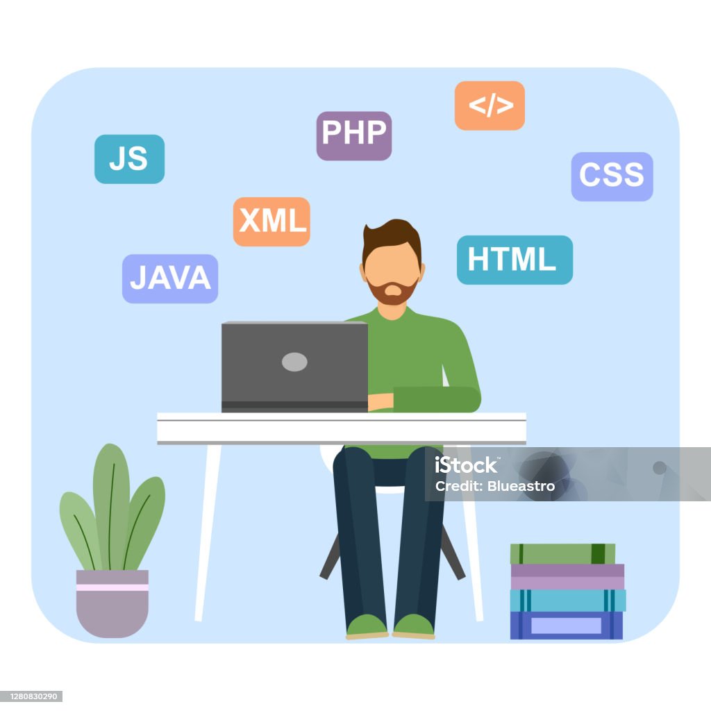 Computer Coding Job Drawing Programmer Male Working On Computer With Coding Concept Vector ...