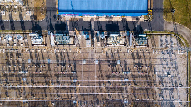 istock Aerial drone view of a high voltage power substation. 1280832681