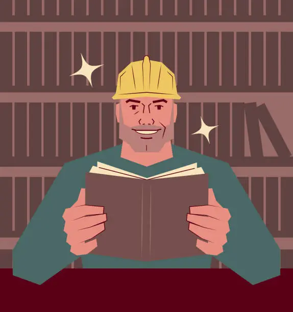 Vector illustration of The mature manual worker is reading a book in the library; Never stop learning; To invest in yourself; Knowledge is power; Learning safety by reading