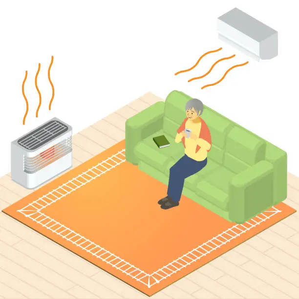 Vector illustration of Vector illustration of grandma in an isometric heated room