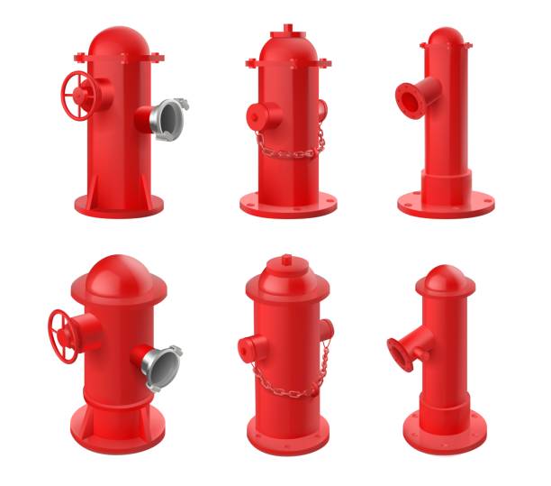 Vector set of red fire hydrants isolated on white background. Realistic 3d objects for city fire fighting department Vector set of red fire hydrants isolated on white background. Realistic 3d objects for city fire fighting department. fire hydrant stock illustrations