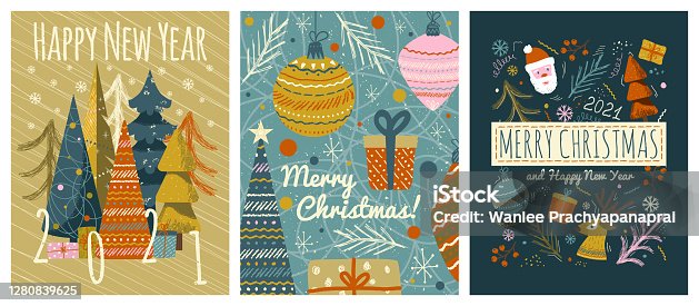 istock Merry christmas and happy new year greeting cards template. Vector set of winter holiday illustrations in vintage style. Christmas tree and toys, santa claus. 2021 new year hand drawn poster 1280839625