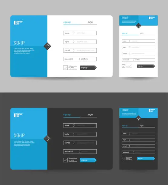 Vector illustration of Sign up login form for mobile and desktop app and web site, dark and white set