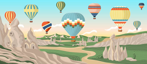 Hot air balloons over Cappadocia rocks landscape. Adventure travel in Turkey concept vector illustration. Summer vacation, travel by air balloon Hot air balloons over Cappadocia rocks landscape. Adventure travel in Turkey concept vector illustration. Summer vacation, travel by air balloon. cappadocia balloon stock illustrations