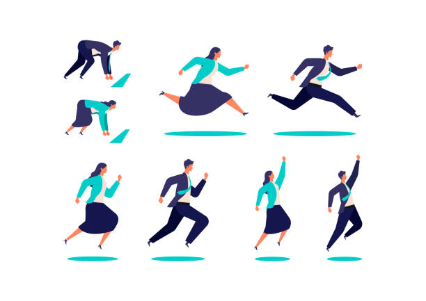 Running businessman and woman in suits.  Active poses of business people. Running businessman and woman in suits.  Active poses of business people. Isolated vector illustration characters in flat style. jumping illustrations stock illustrations