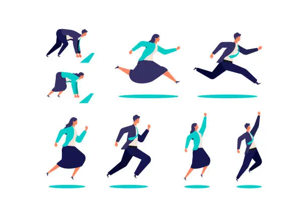 Vector illustration of Running businessman and woman in suits.  Active poses of business people.