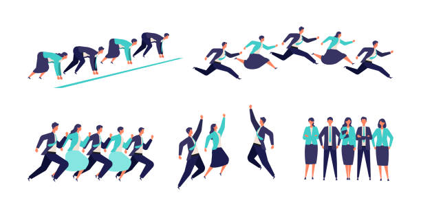 Running businessman and woman in suits.  Active poses of business people. Running businessman and woman in suits.  Active poses of business people. Isolated vector illustration characters in flat style. sports race illustrations stock illustrations