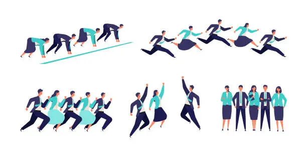 Vector illustration of Running businessman and woman in suits.  Active poses of business people.