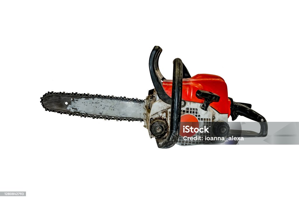 Old dirty shabby chainsaw isolated on white background - side view Old dirty shabby chainsaw isolated on white background - side view. Working gasoline tool for sawing wood Chainsaw Stock Photo