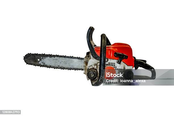 Old Dirty Shabby Chainsaw Isolated On White Background Side View Stock Photo - Download Image Now