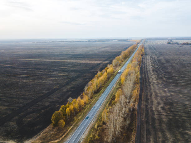 Road amidst the plowed field. View from above Road and yellow autumn bushes and trees amidst the plowed field. View from above tambov russia stock pictures, royalty-free photos & images
