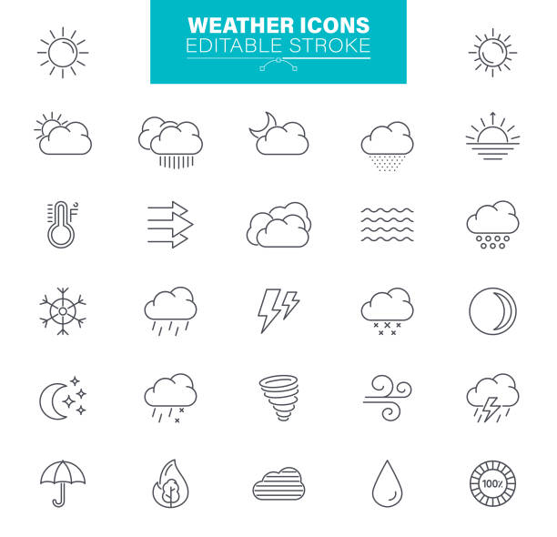 illustrations, cliparts, dessins animés et icônes de icônes météo trait modifiable. soleil, pluie, tempête de tonnerre, vent, nuage de neige, illustrations - thermometer cold heat climate