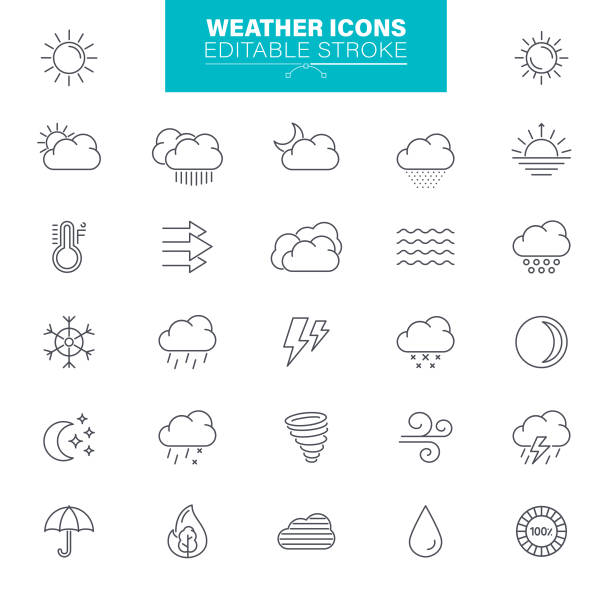 날씨 아이콘 편집 가능한 스트로크. 태양, 비, 천둥 폭풍, 바람, 눈 구름, 일러스트 - storm cloud rain sky cloud stock illustrations