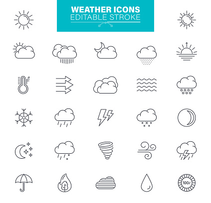 Temperature, Sun, Weather, Umbrella, Outline, Editable Icon Set