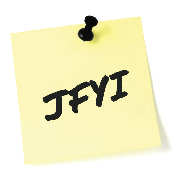istock Just for your information initialism JFYI black marker written acronym text, isolated yellow post-it to-do list sticky note abbreviation sticker, pushpin thumbtack macro closeup, information newsletter bulletin info notice concept, letter document metapho 1280849933