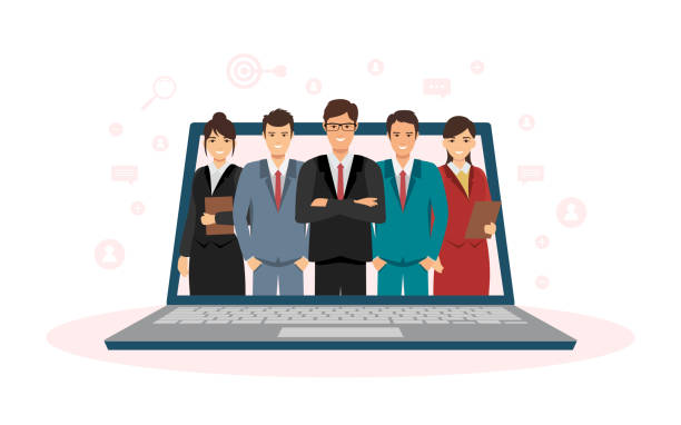 Group of Business consultant standing on laptop in wireless technology online service concept Group of Business consultant standing on laptop in wireless technology online service concept cpa forum stock illustrations