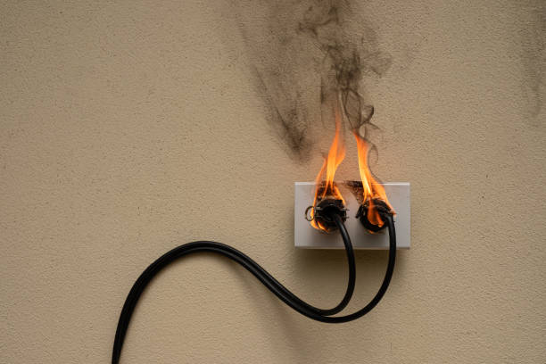 istock On fire electric wire plug Receptacle on the concrete wall background 1280853909