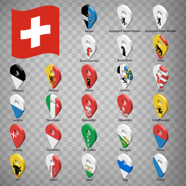 ilustrações de stock, clip art, desenhos animados e ícones de twenty six flags the provinces of switzerland -  alphabetical order with name.  set of 3d geolocation signs like flags cantons of switzerland.  twenty six 3d geolocation signs for your design. eps10 - geneva canton