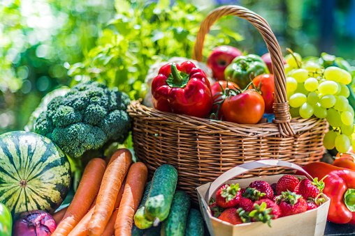 Variedad de verduras y frutas orgánicas frescas en el jardín photo
