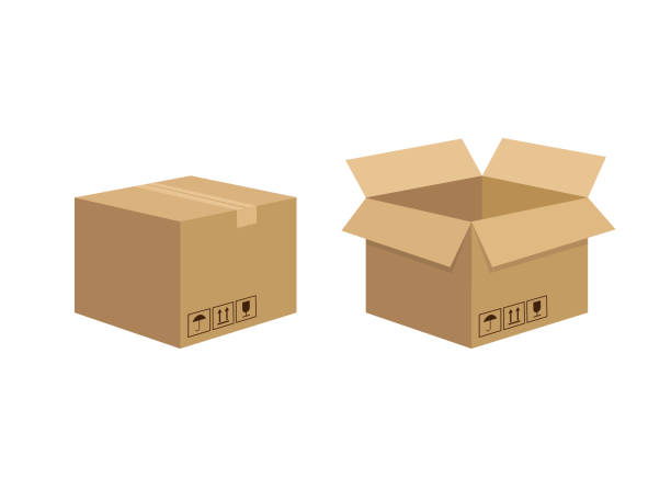 흰색 배경에 분리 된 판지 상자와 3d 모형. 3d 일러스트레이션. 만화 스타일의 판지 상자 싱글. 벡터 그림입니다. - box stock illustrations
