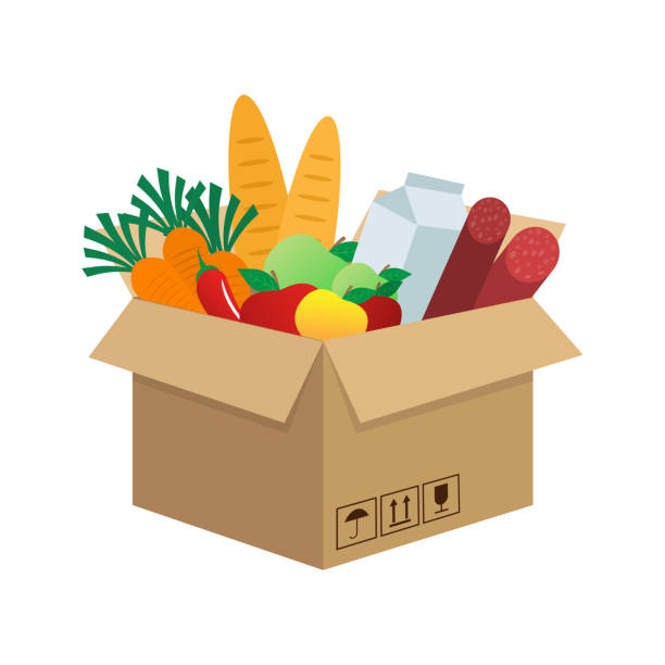 Food in box in cartoon style on white background. Food delivery. Vector flat cartoon illustration. Food in box in cartoon style on white background. Food delivery. Vector flat cartoon illustration stacking food containers stock illustrations