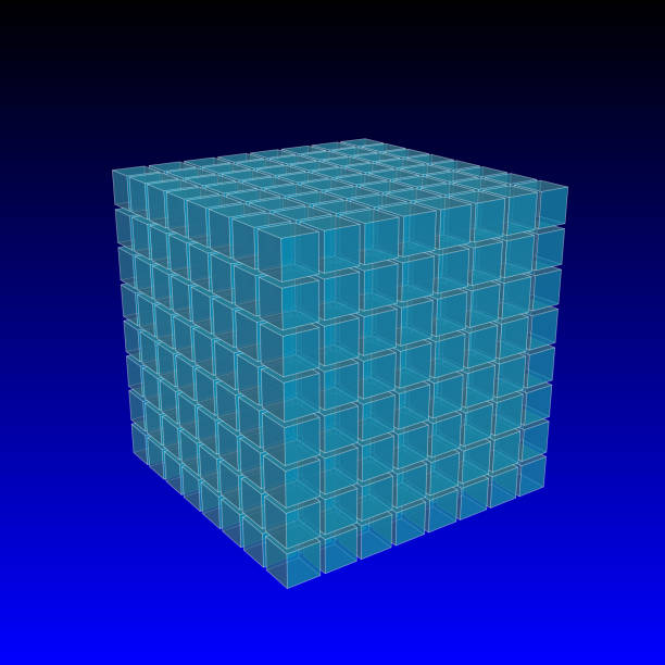 istock 3D render of 8x8x8 = 512 semi transparent glass cubes. Small gaps. With perspective. 1280859036