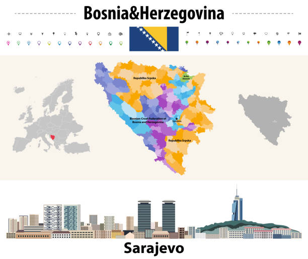 векторная карта муниципалитетов боснии и герцеговины. городской пейзаж сараево. флаг боснии и герцеговины - босния и герцеговина иллюстрации stock illustrations