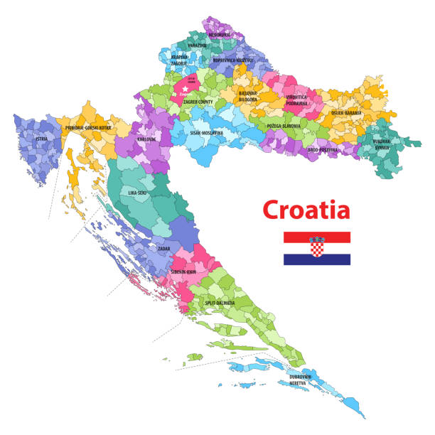 ilustrações, clipart, desenhos animados e ícones de mapa vetorial detalhado de municípios croatas coloridos por condados. bandeira od croácia - koprivnica croatia