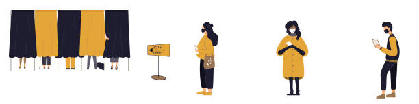 Political election process during virus epidemic. People in protective masks Political election process during virus epidemic. People in protective masks are in queue and voting booths with ballots at polling station, choosing candidate or politicians.Vector illustration voting queues stock illustrations