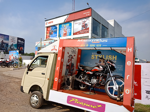 DISTRICT KATNI, INDIA - JANUARY 29, 2020: Promotional vehicle for latest Sport bike model presenting at Hero automobile motorcycle agency area in Indian Territory.