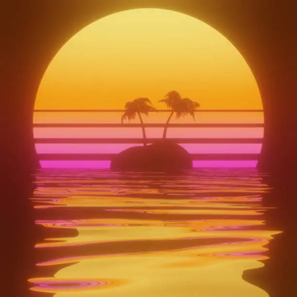 Photo of Retrowave Sunset behind a Tropical Island