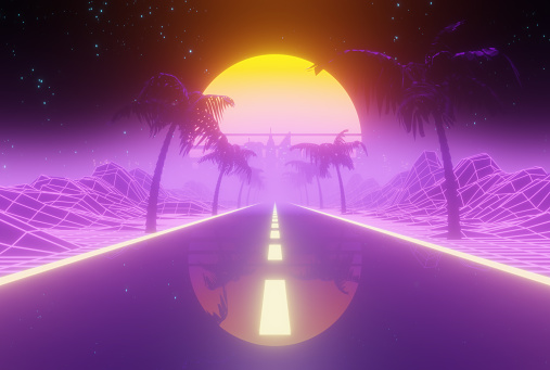 Sunset behind the urban skyline. Road moving through a tropical retrowave landscape.