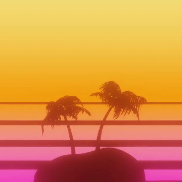 Photo of Retrowave Sunset behind a Tropical Island