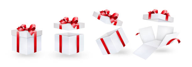 Gift boxes with red ribbon Gift box with red ribbon and bow. Different position of a festive white paper box. present box stock illustrations