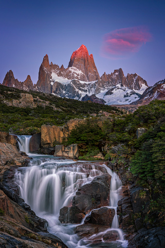 A view of the Fitz Roy cascades at dawn on the Arroyo del Salto near the Fitz Roy trail in Los Glaciares National Park above El Chalten