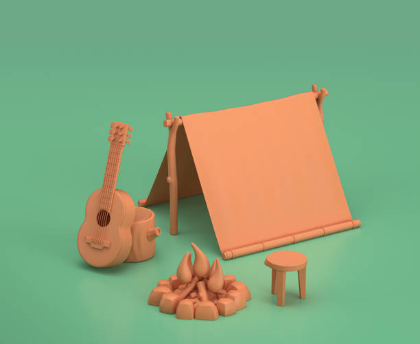 istock single color tent with a guitar and camp fire in green background, 3d rendering, yellow camping objects, hunting objects 1280869832