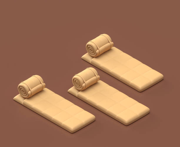 istock Isometric sleeping bag, camping object and scene, monochrome yellow camping equipment on brown background, 3D Rendering 1280869917