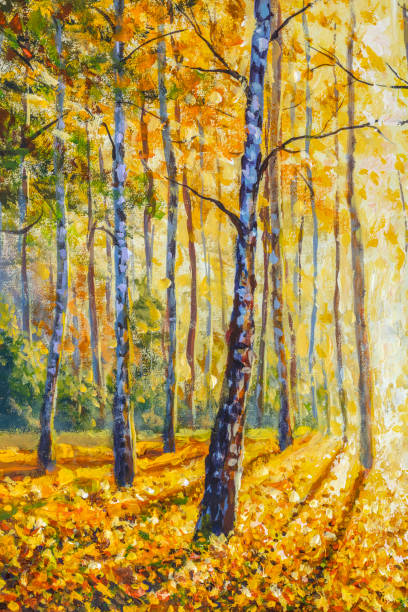 istock Hand made painting Birch autumn forest with bright sunlight on ground covered with lush foliage. Beautiful autumn park modern artwork. 1280870033