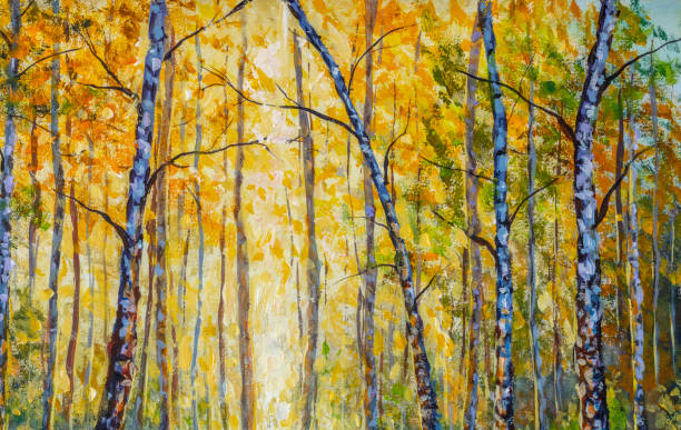 istock Hand made painting Birch autumn forest with bright sunlight on ground covered with lush foliage. Beautiful autumn park modern artwork. 1280870038