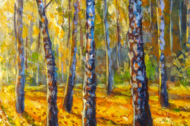 istock Original hand painted acrylic painting Birch autumn forest tree in park. Autumn nature. 1280870216