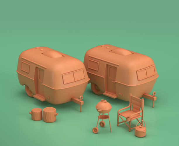 istock Camper Caravans. Isometric camping object and scene, monochrome yellow camping equipment on green background, 3D Rendering 1280870948