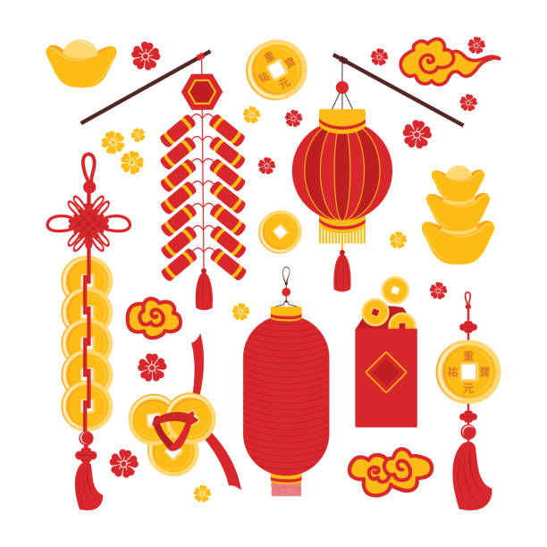 установите китайский новый год символы удачи, процветания и богатства изолированных икон вектор. фестивальная петарда, бумажный фонарик, к - hongbao stock illustrations